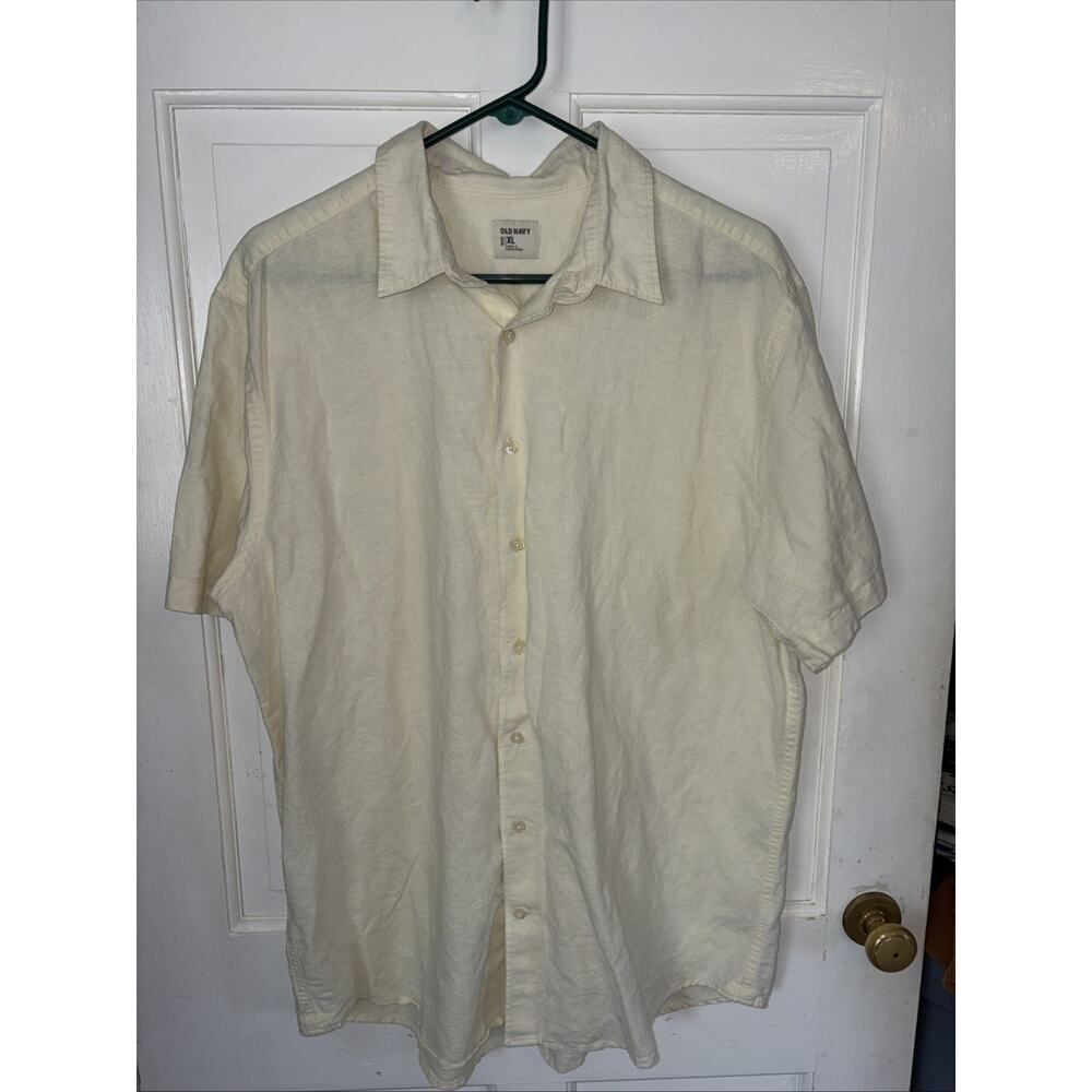 Old Navy Men's Ivory Linen Blend Short Sleeve Shirt XL Button Up Casual Summer